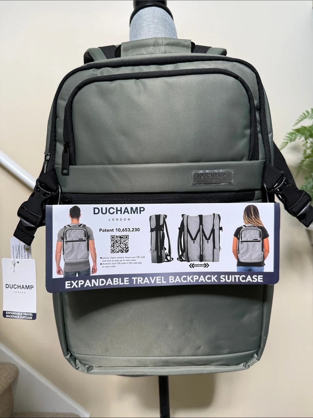 Duchamp Olive Green Expandable Travel Backpack/Suitcase w/ laptop pocket & USB.